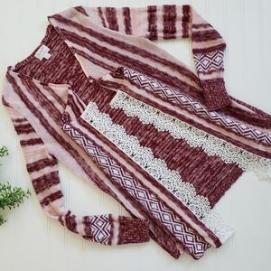 Wrangler Vintage Sweater Crochet Trim Stripe Open Front Cardigan Pink Wine Small